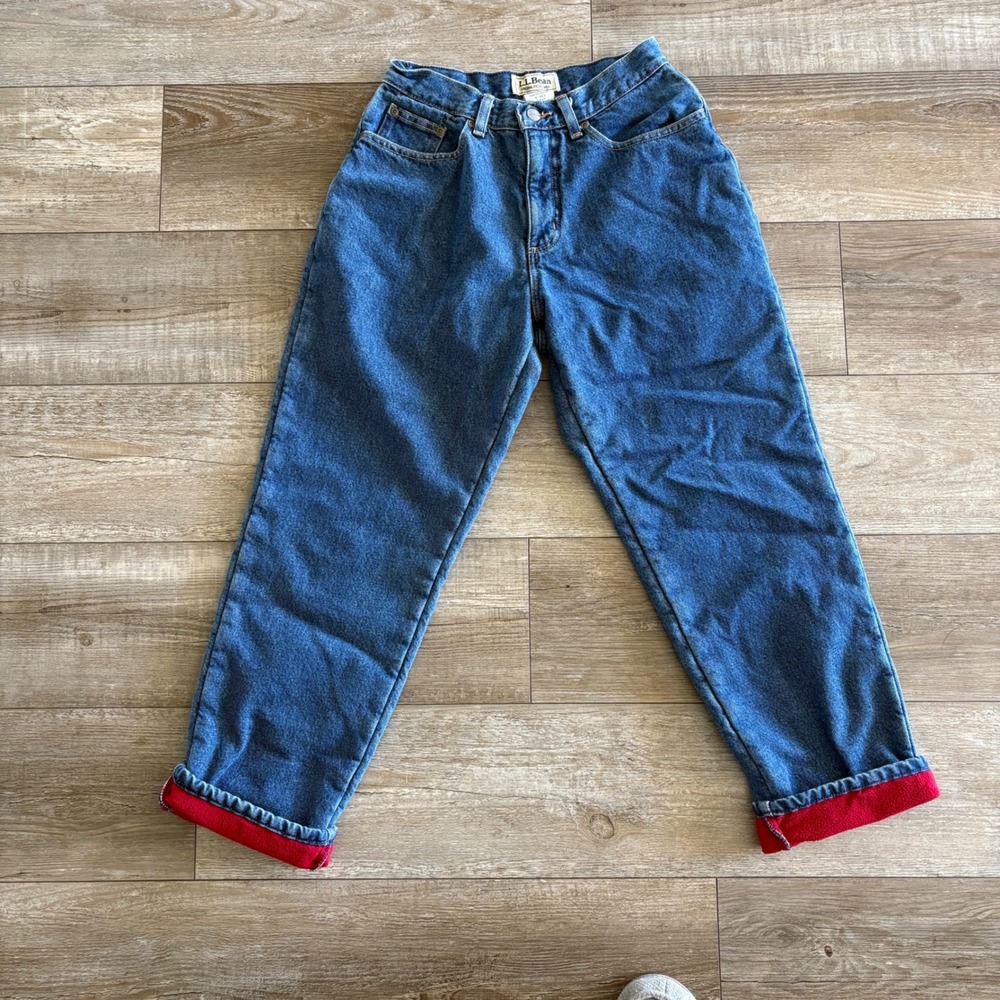 LL Bean Fleece Lined Jeans Womens 6 Petite Blue Relaxed Fit High Rise Denim